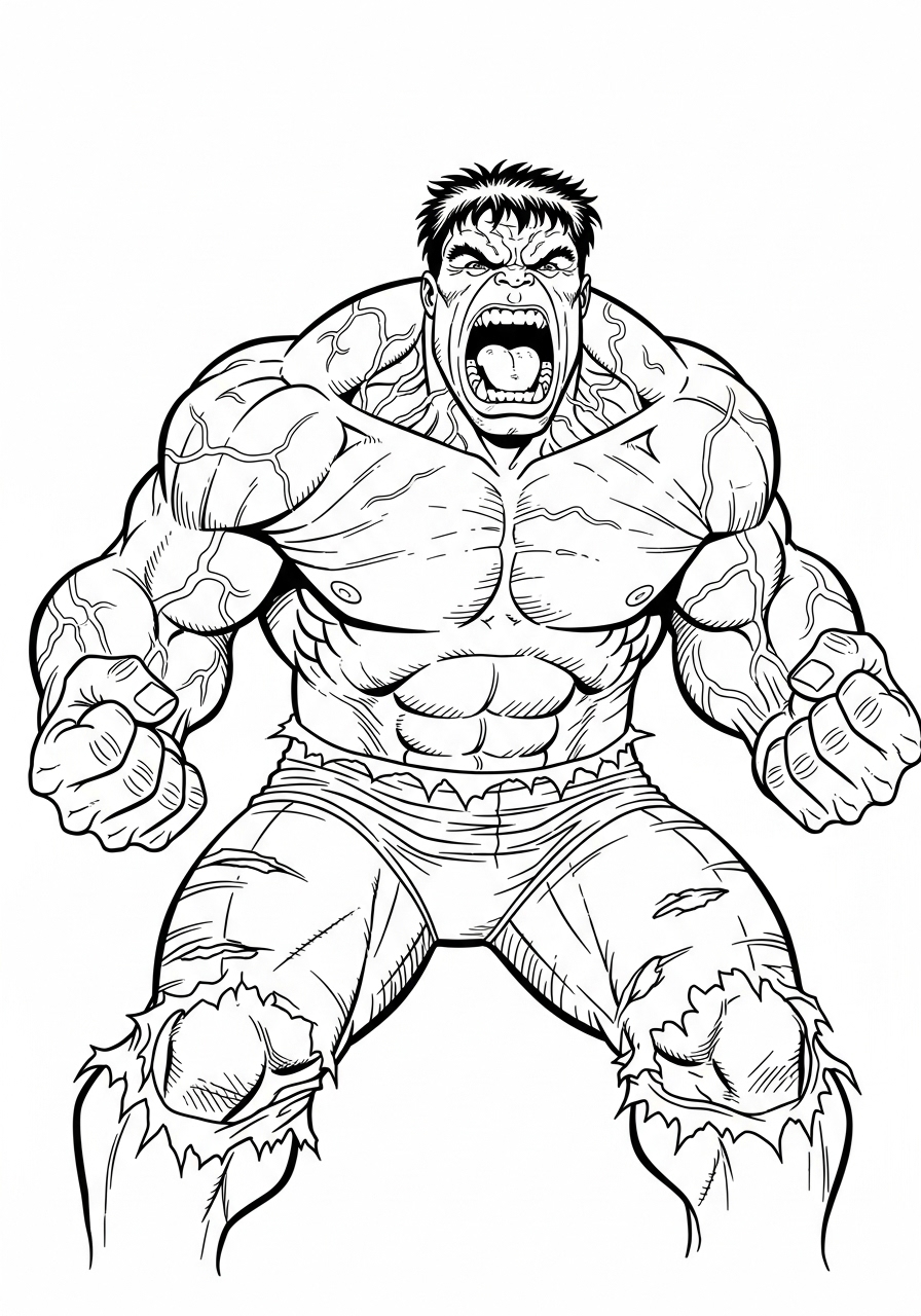 Desenho do Hulk bravo para colorir com músculos destacados