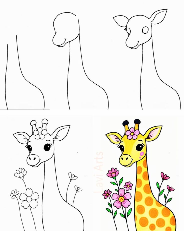 Desenho Fácil para Desenhar: Girafa com flores coloridas