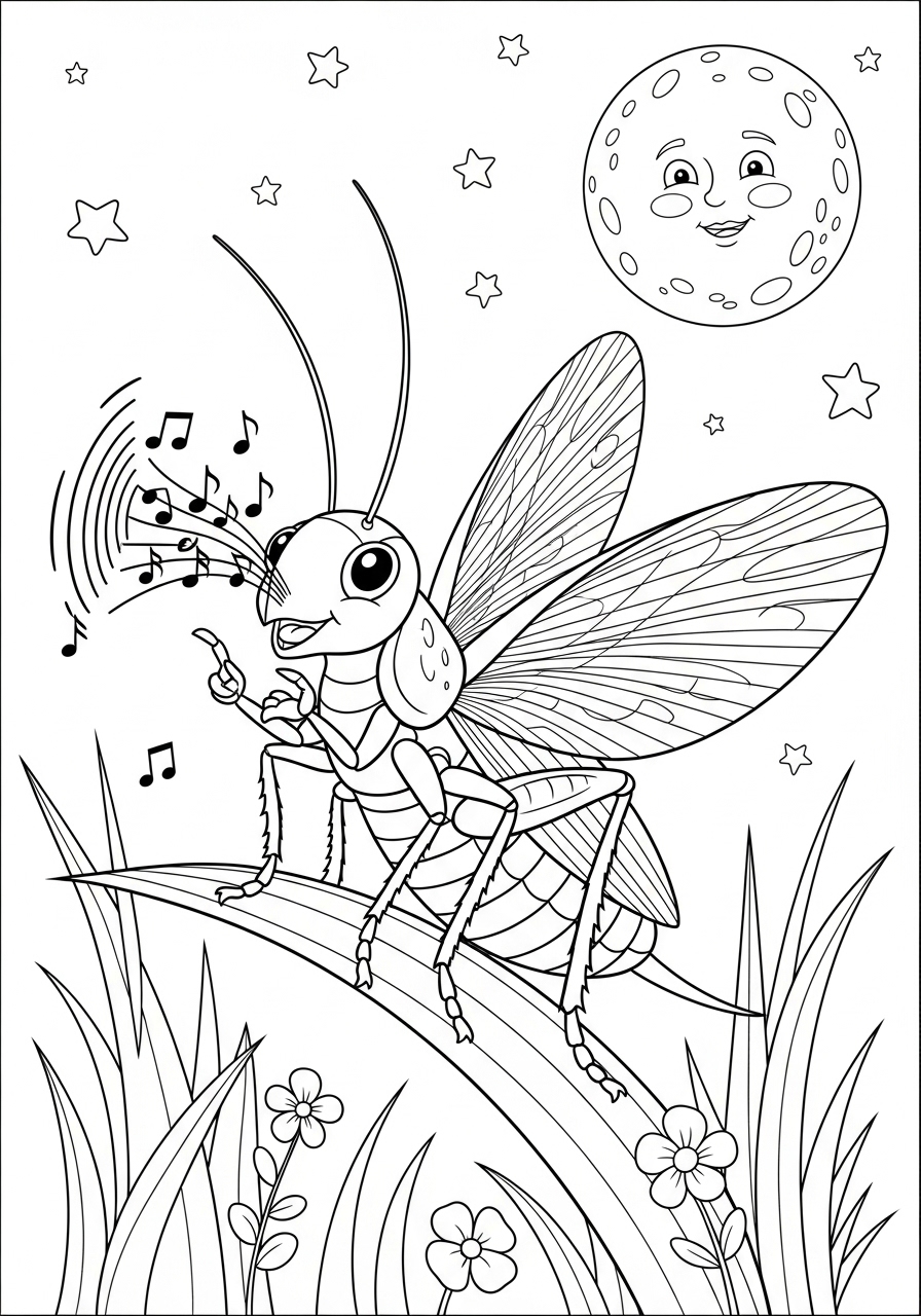 Desenho de Inseto Cigarra cantando em um campo para colorir