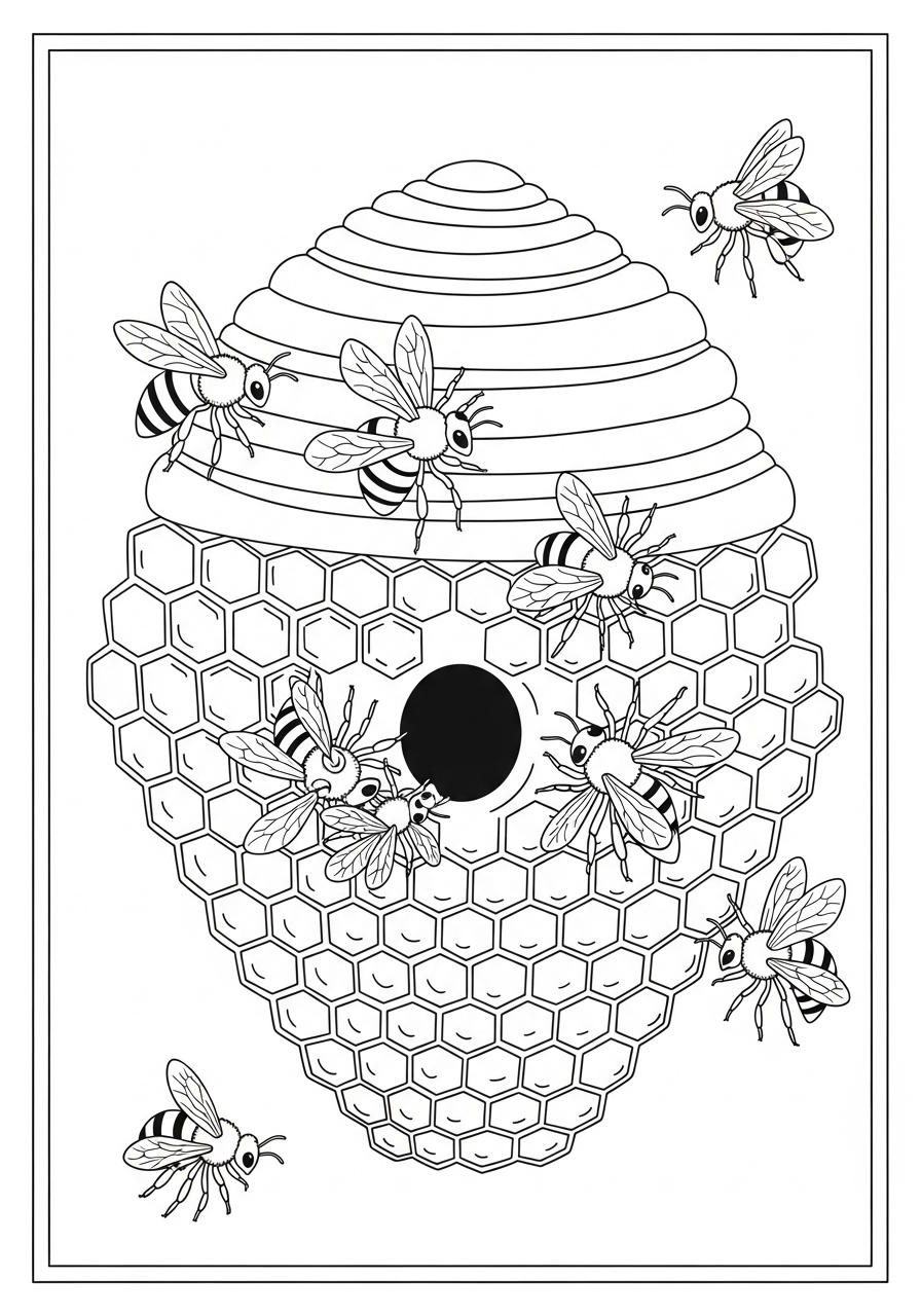 Desenho de Insetos com Abelhas em uma Colmeia para colorir