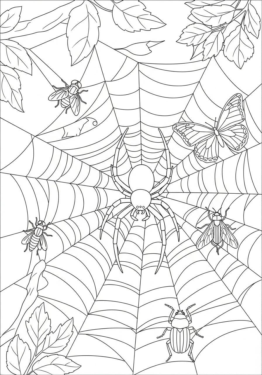 Desenho de Insetos e Aranha em teia para colorir