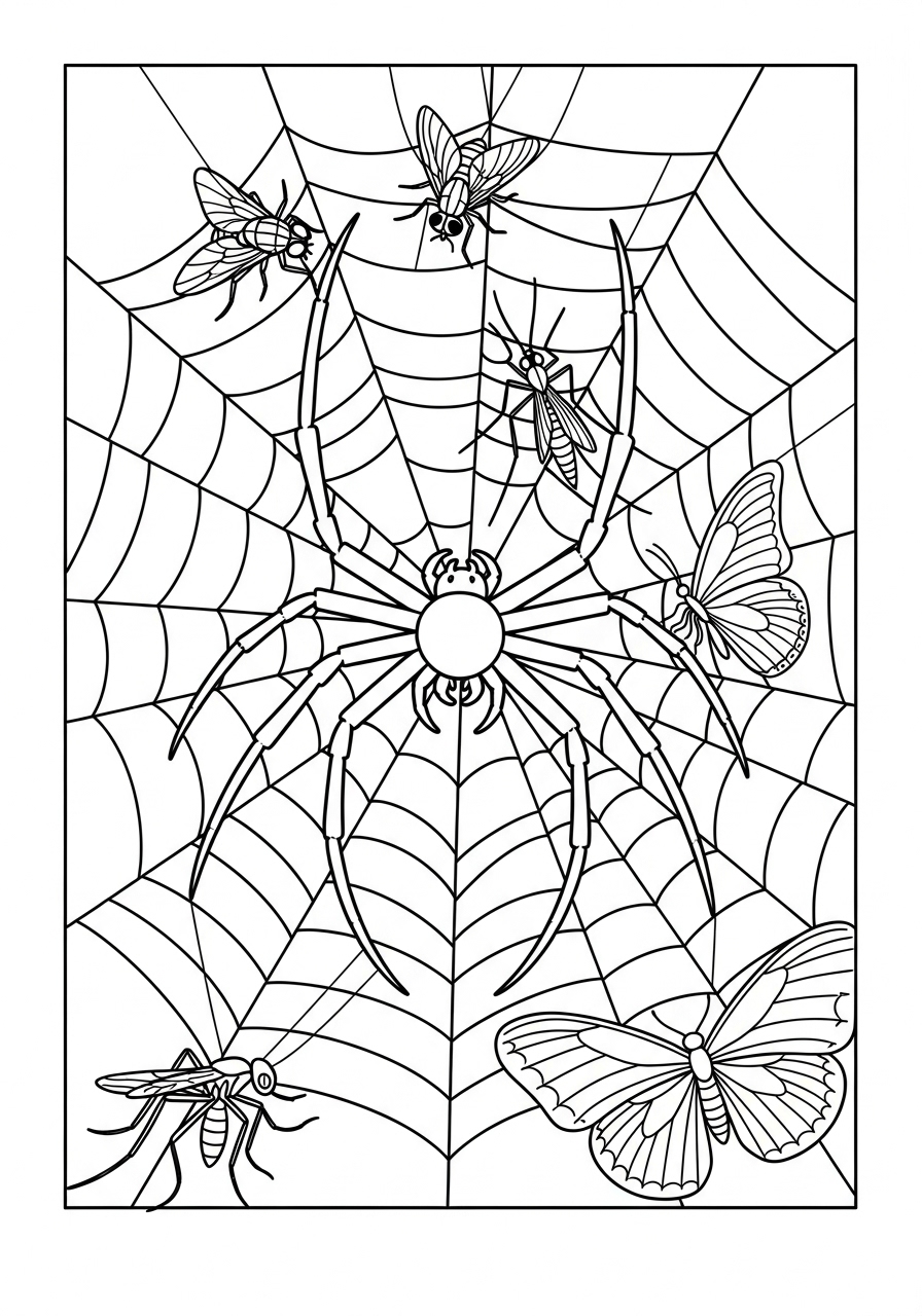 Desenho de Insetos e Aranha em uma Teia para colorir
