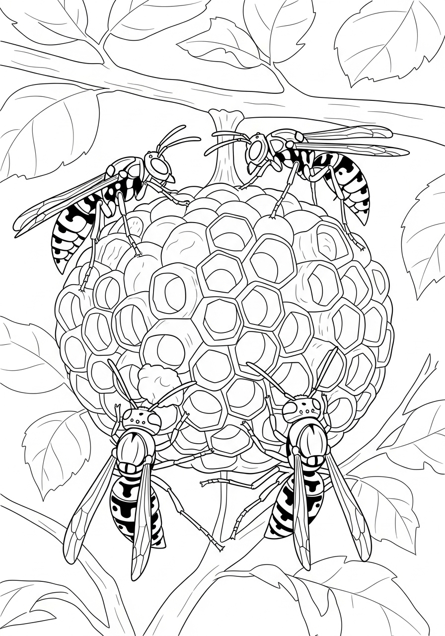 Desenho de Insetos de Vespas em um Favo de Mel para colorir