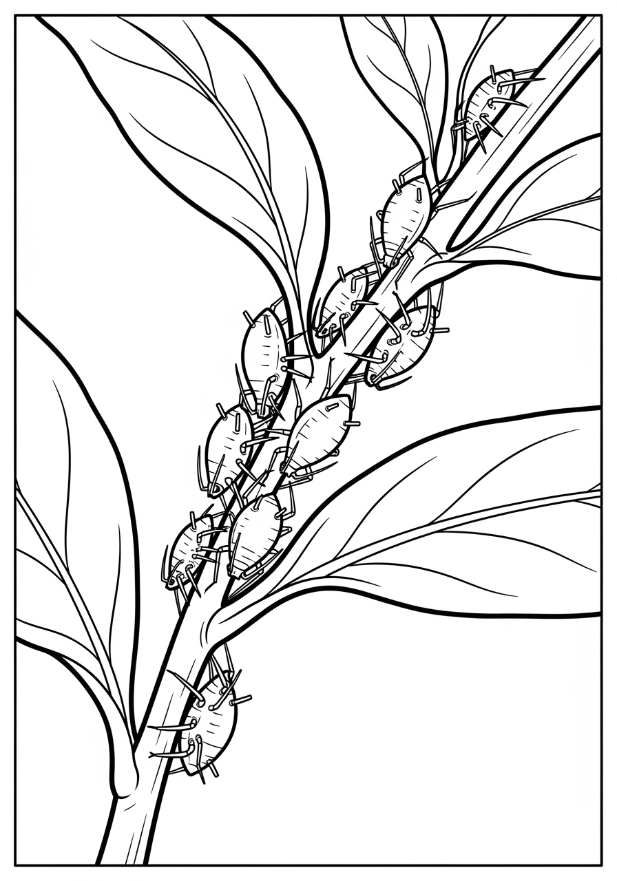 Desenho de Insetos com Pulgões em uma Planta para colorir