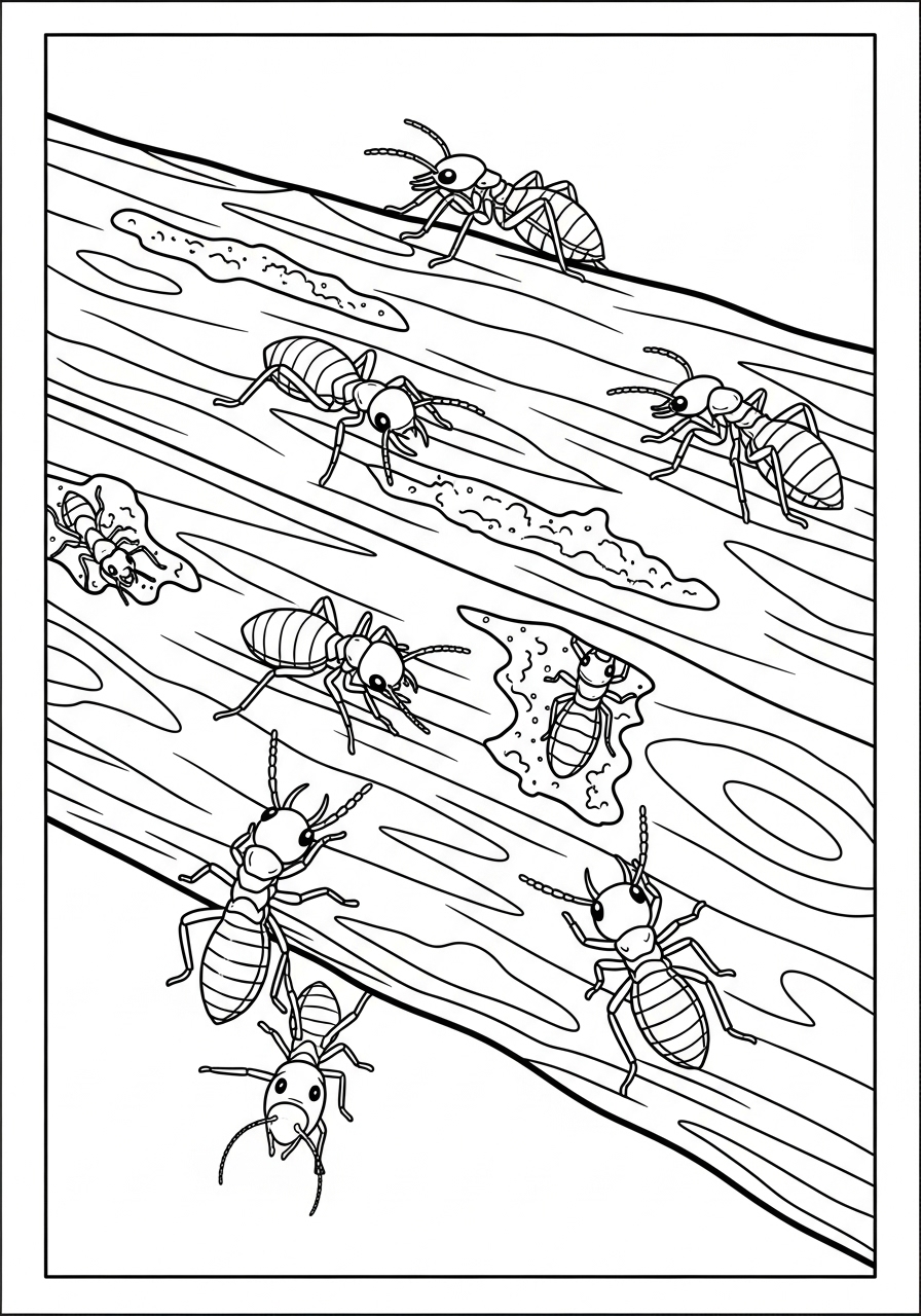 Desenho de Insetos formigas sobre tronco para colorir