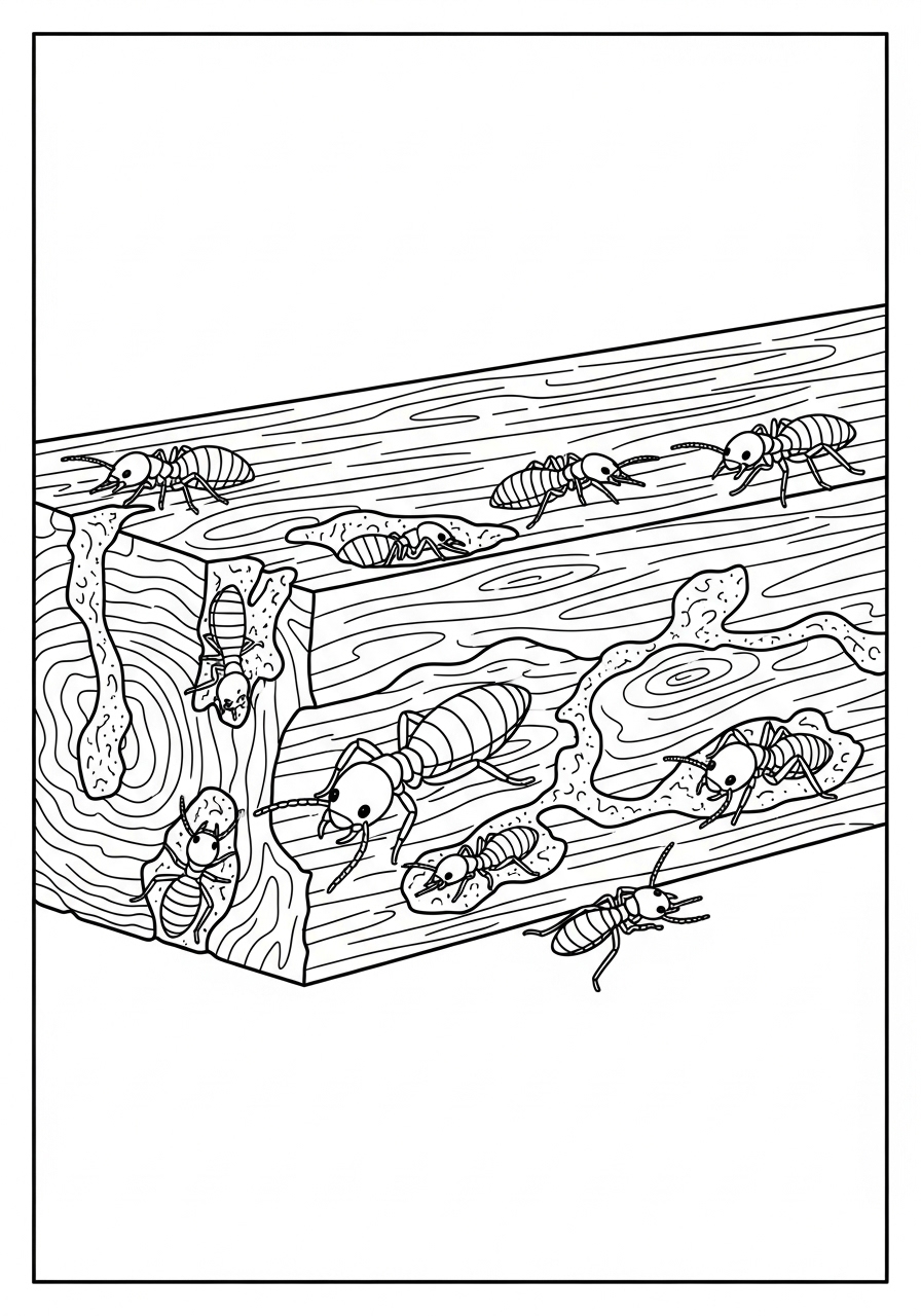 Desenho de Insetos em tronco de madeira para colorir