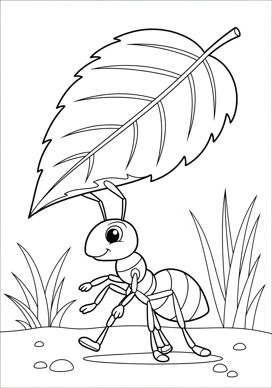 Desenho de Inseto de uma Formiga com Folha para colorir