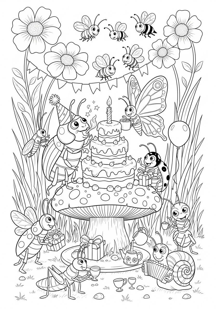 Desenho de Insetos em festa com bolo e presentes para colorir