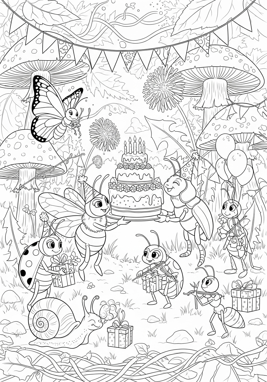 Desenho de Insetos celebrando festa com bolo para colorir
