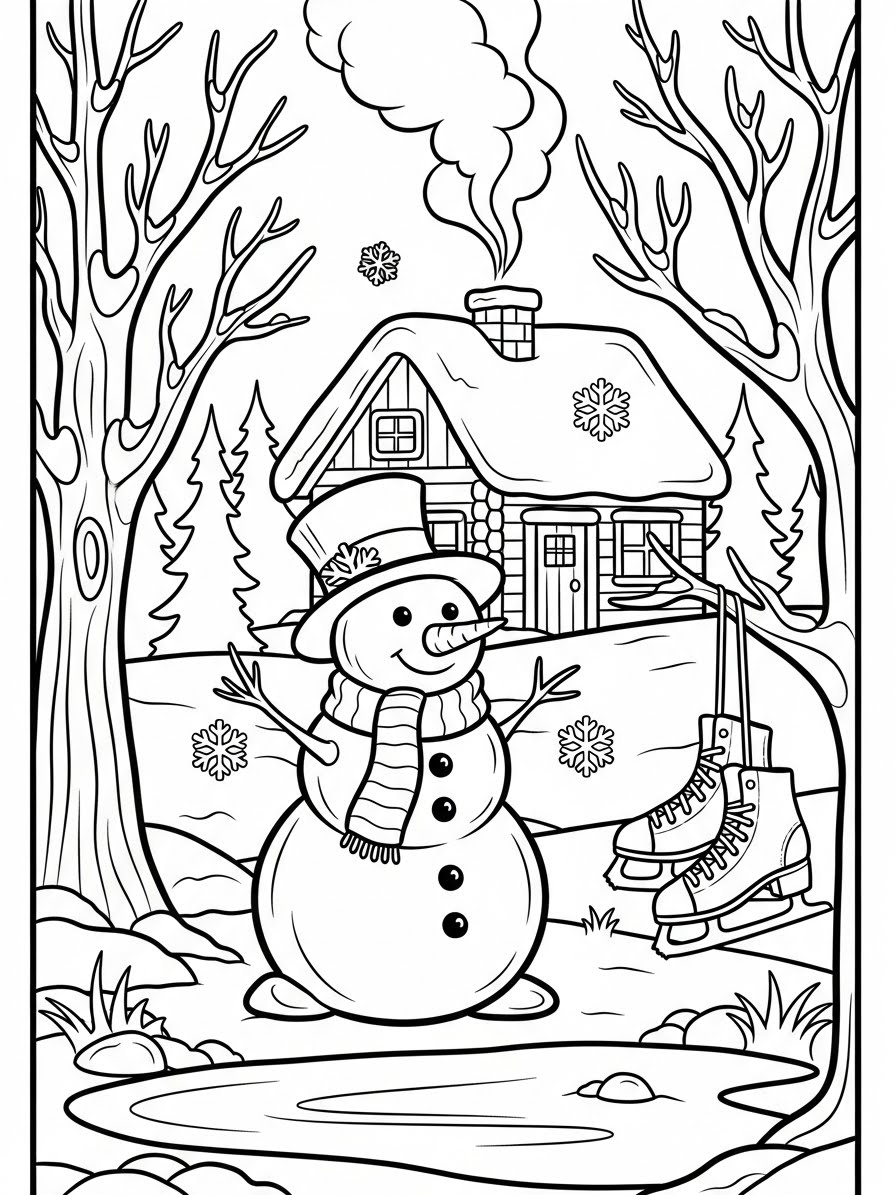Desenho de Inverno com boneco de neve e casa para colorir