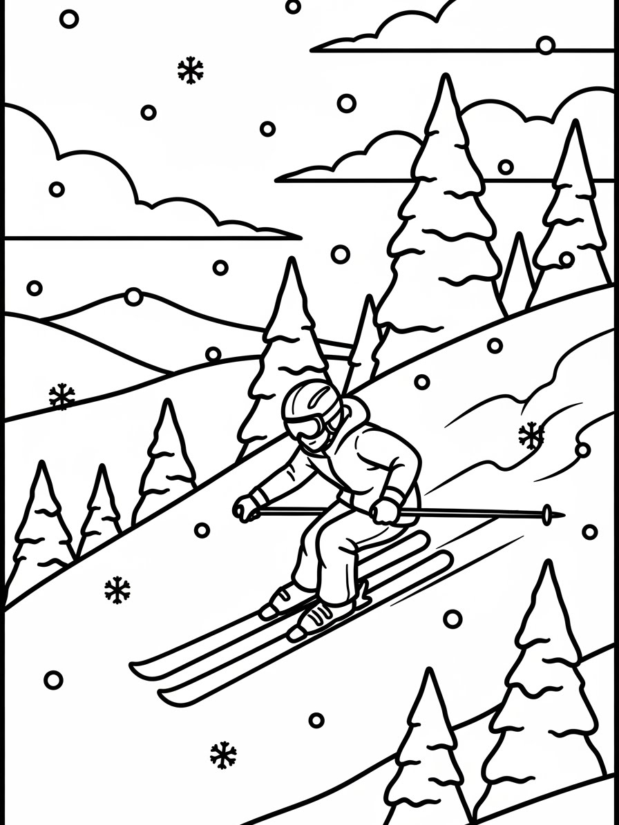 Desenho de Inverno com esquiador em uma montanha para colorir