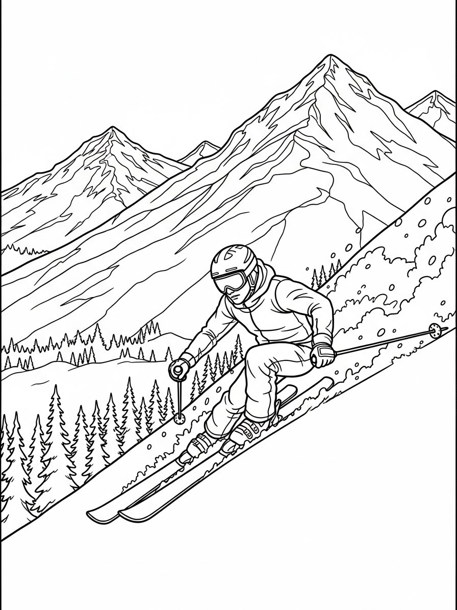 Desenho de Inverno com esquiador em paisagem montanhosa