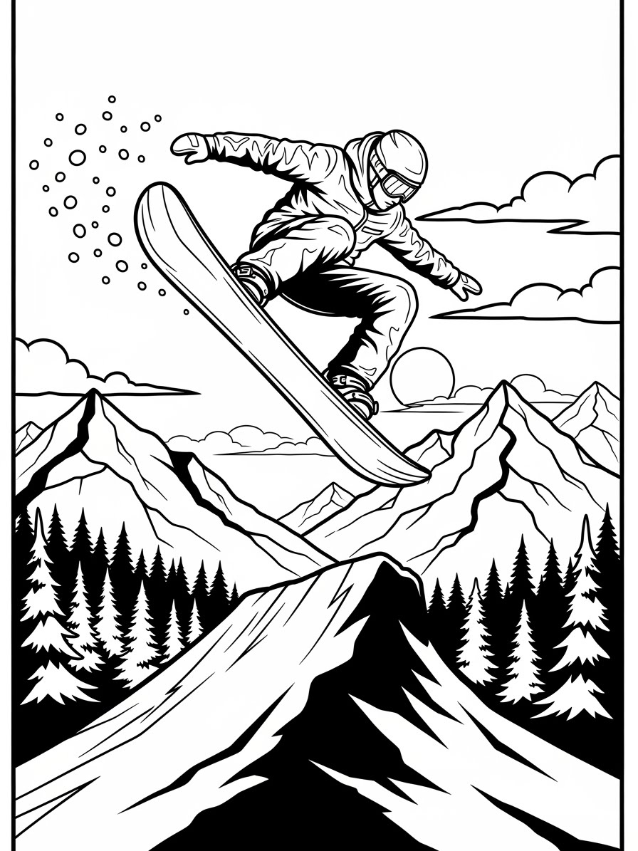 Desenho de Inverno com snowboarder para colorir