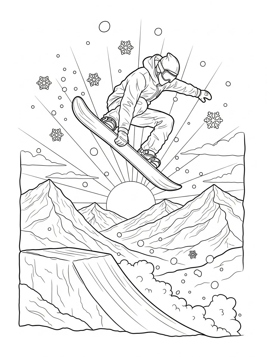 Desenho de Inverno com snowboarder para colorir