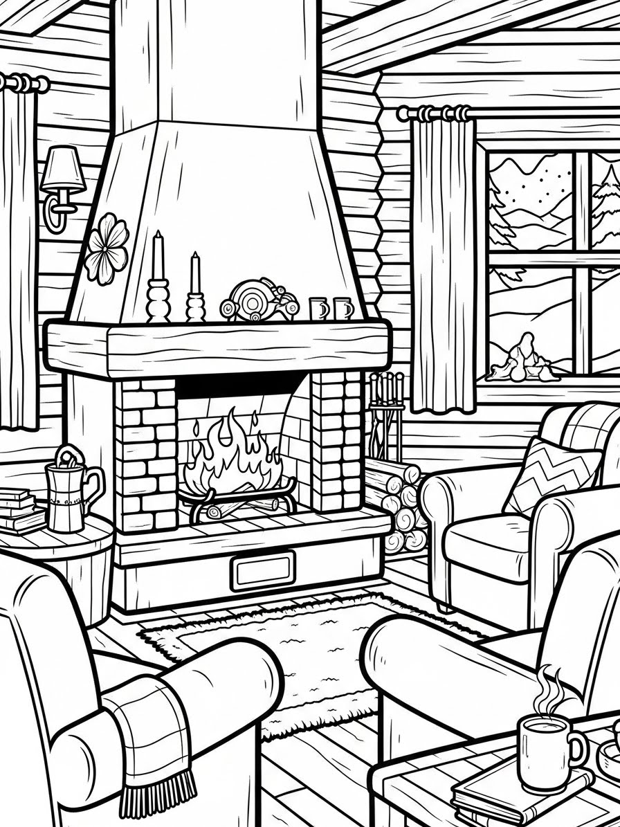 Desenho de Inverno com lareira aconchegante para colorir