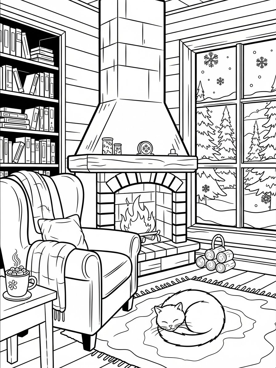 Desenho de Inverno com lareira cadeira e gato para colorir