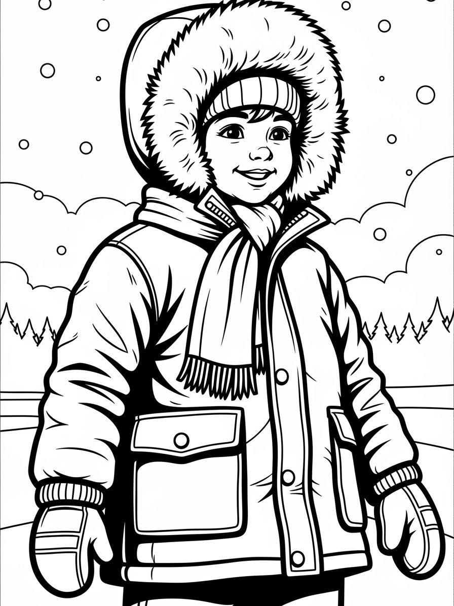 Desenho de Inverno com criança vestindo casaco para colorir