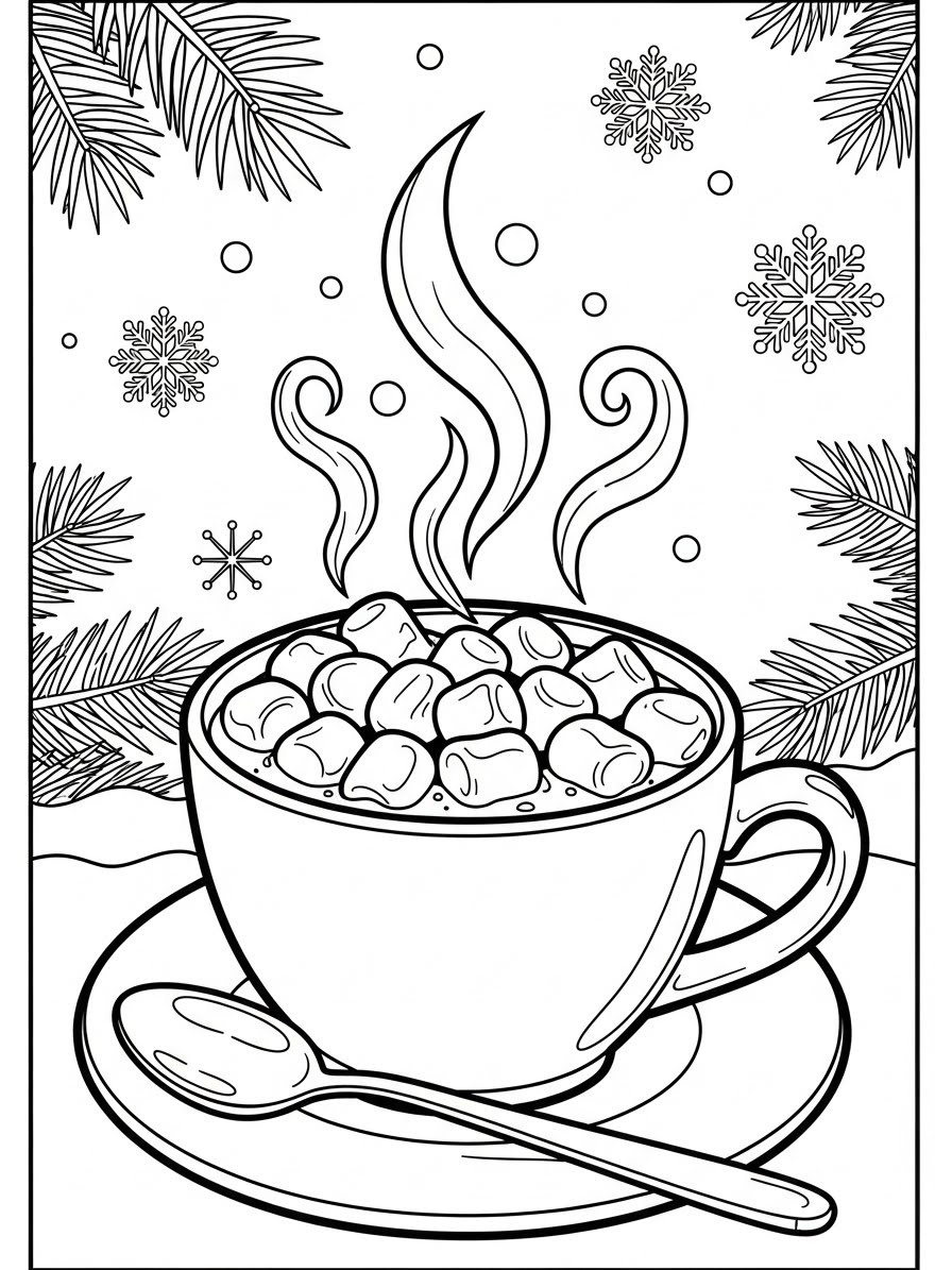 Desenho de Inverno com xícara de chocolate quente para colorir