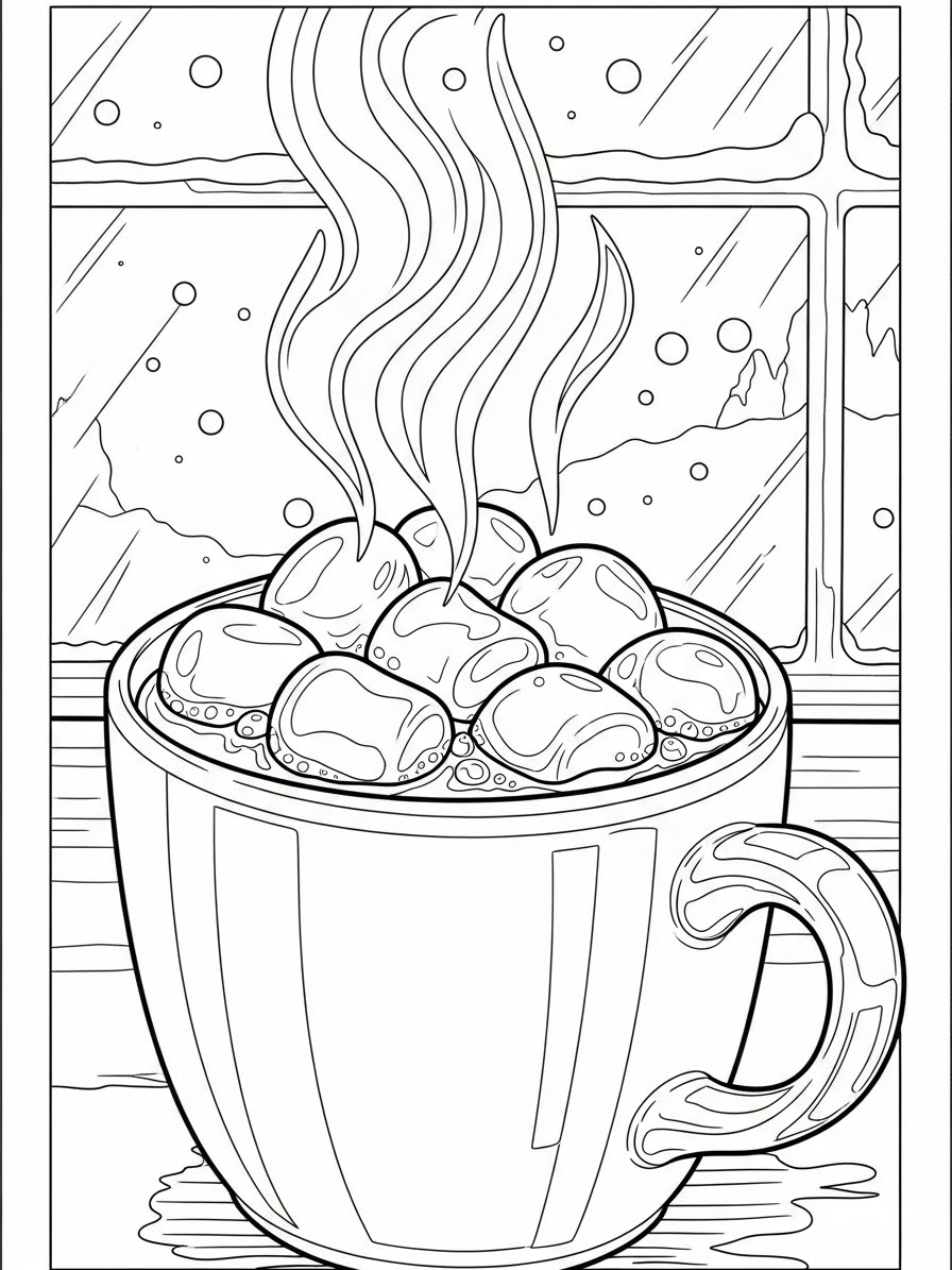 Desenho de Inverno com caneca de chocolate quente para colorir