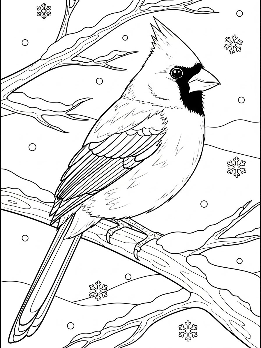 Desenho de Inverno com um cardeal para colorir