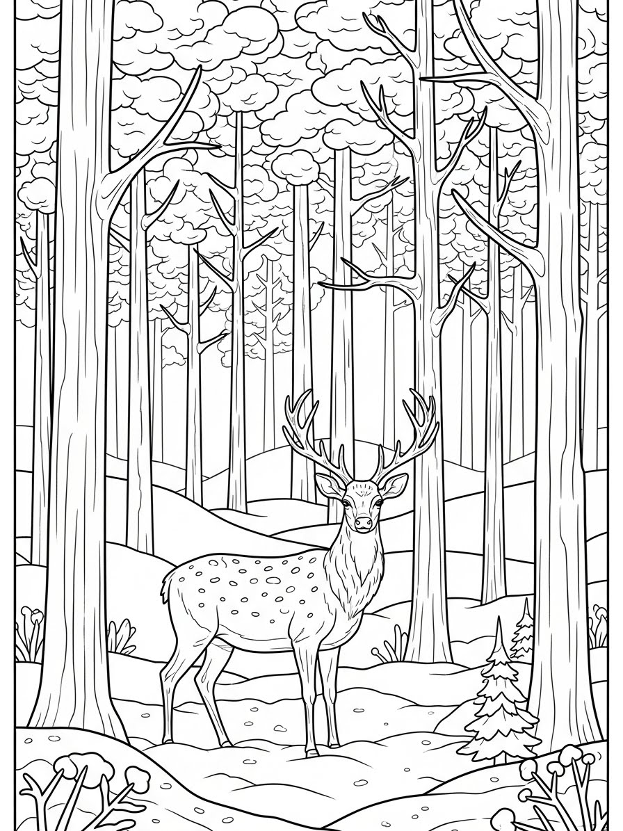 Desenho de Inverno com cervo em floresta para colorir