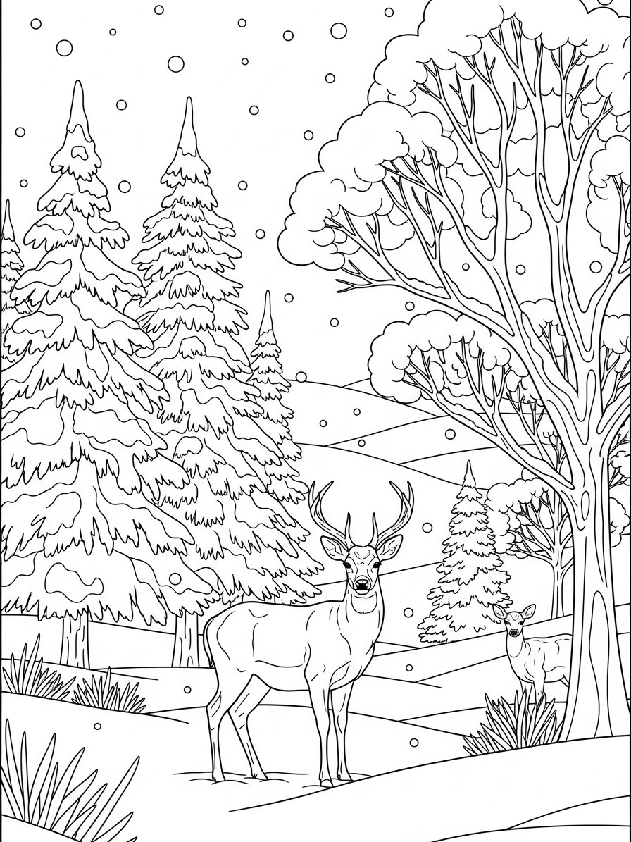 Desenho de Inverno com cervo e árvores para colorir
