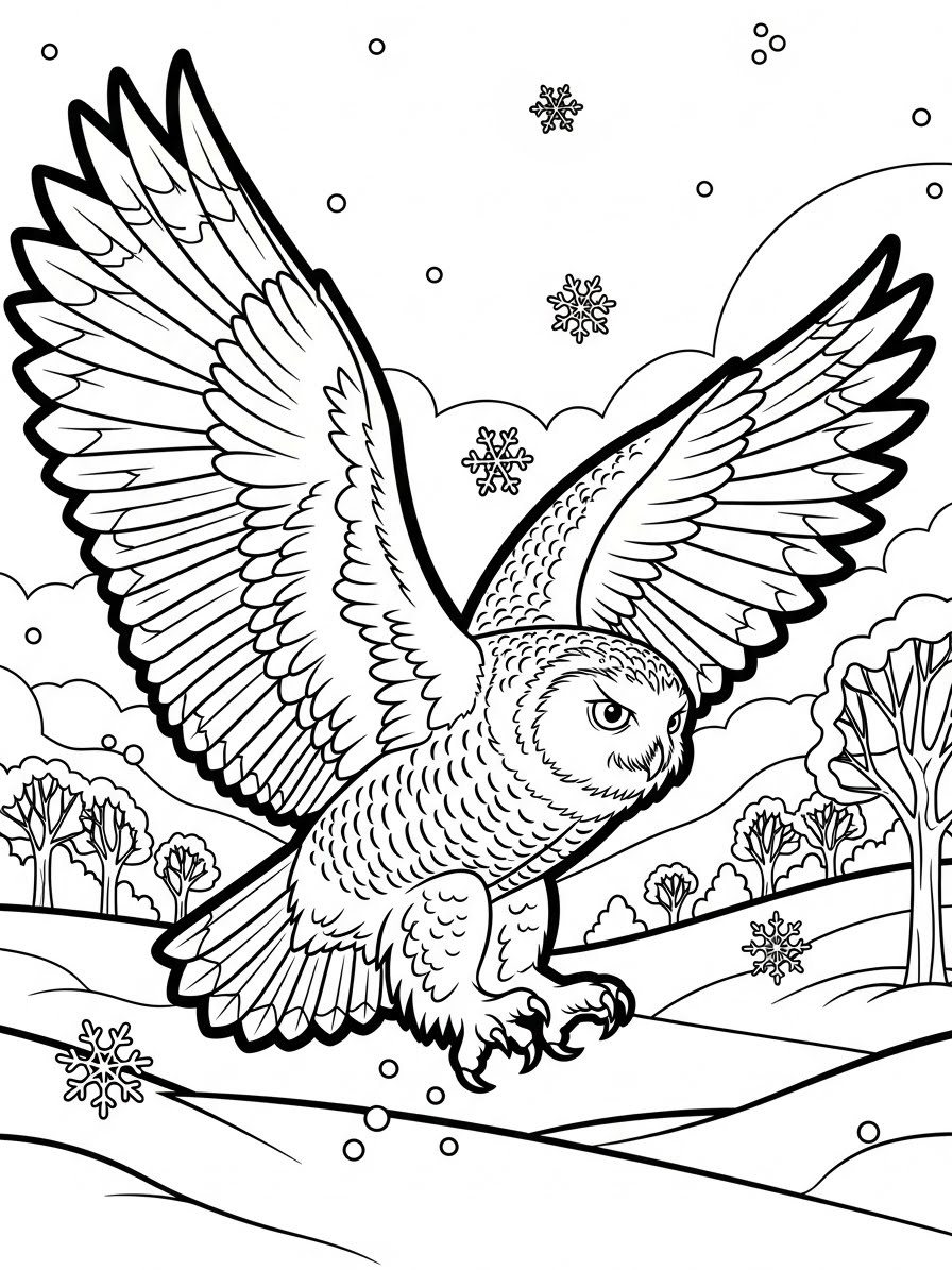 Desenho de Inverno com coruja voando para colorir