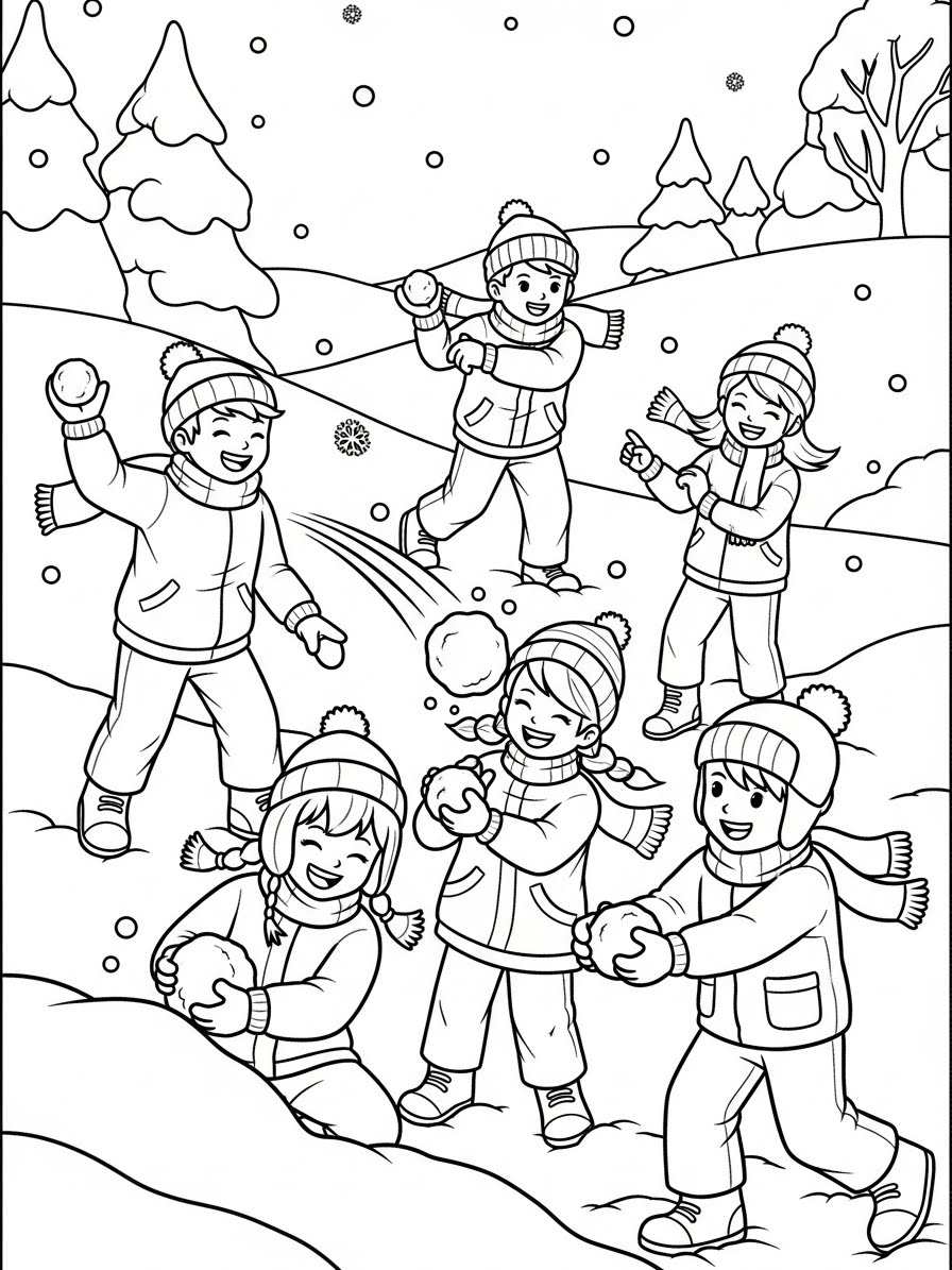 Desenho de Inverno com crianças brincando na neve para colorir