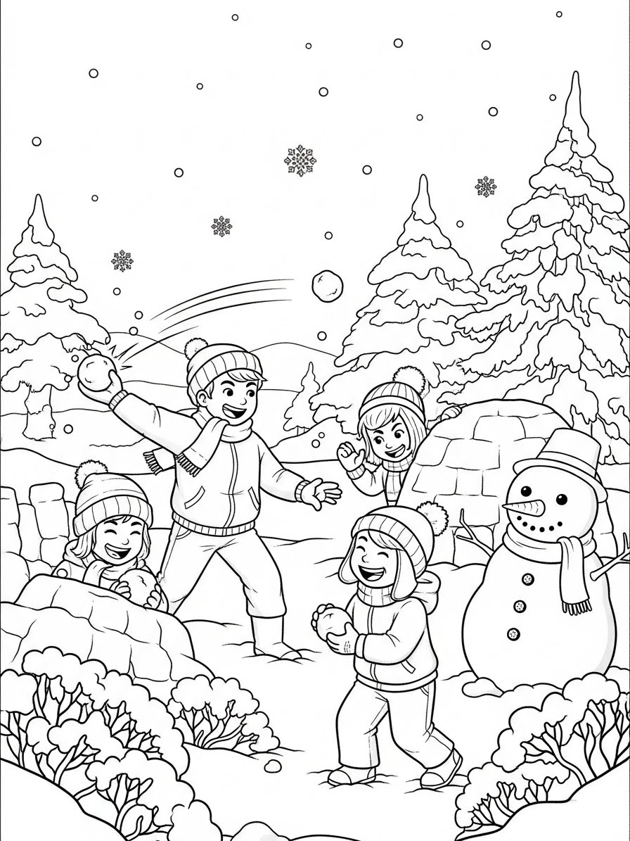 Desenho de Inverno com crianças brincando na neve para colorir