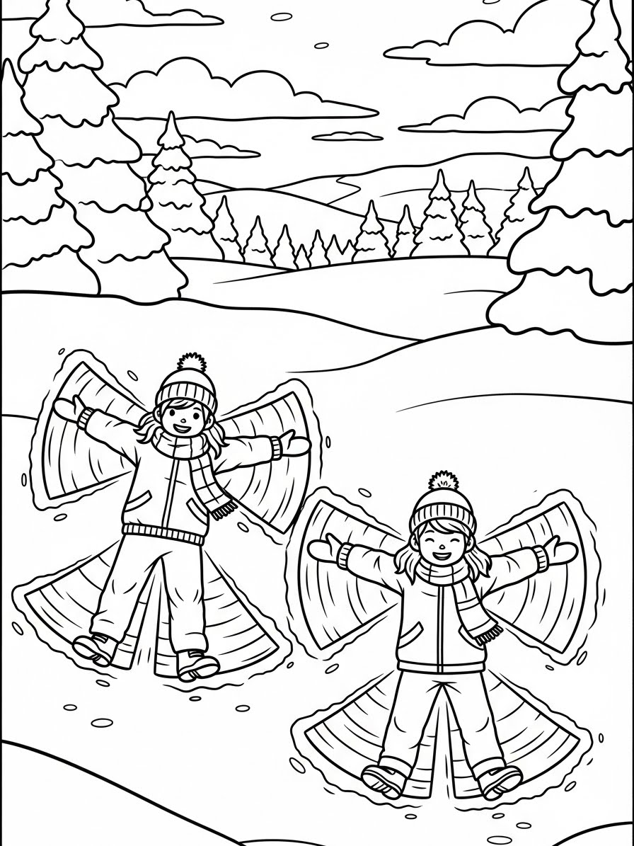 Desenho de Inverno com crianças fazendo anjo na neve