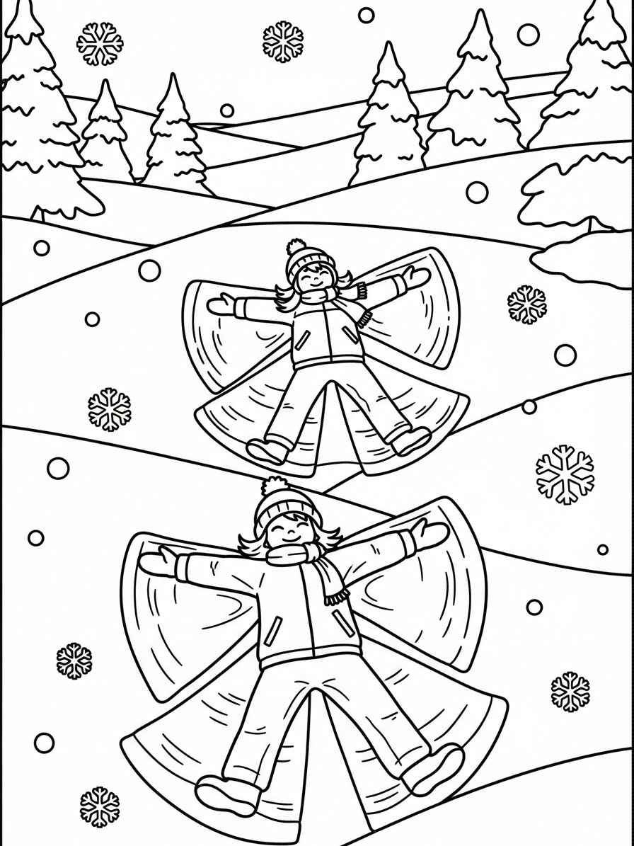 Desenho de Inverno com crianças fazendo anjos na neve