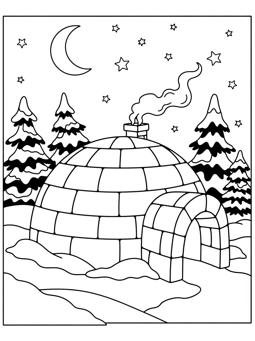 Desenho de Inverno com iglu e árvores para colorir