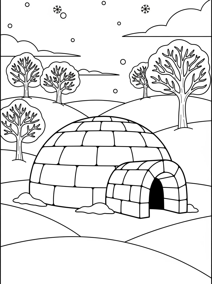 Desenho de Inverno com iglu e árvores para colorir
