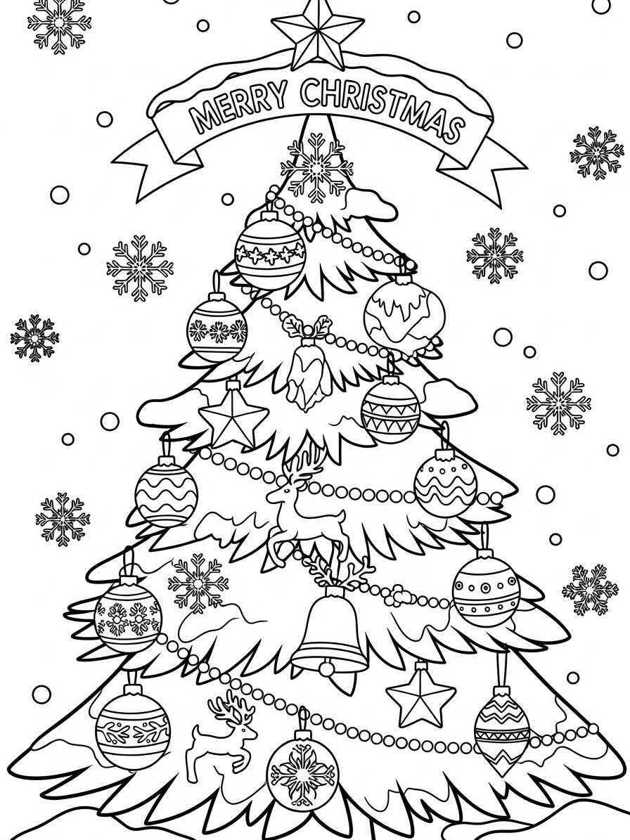 Desenho de Inverno com árvore de Natal para colorir