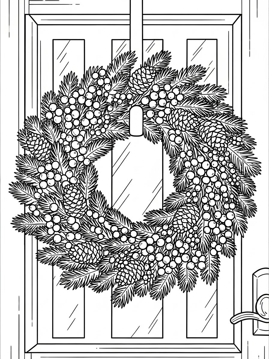 Desenho de Inverno com guirlanda na porta para colorir