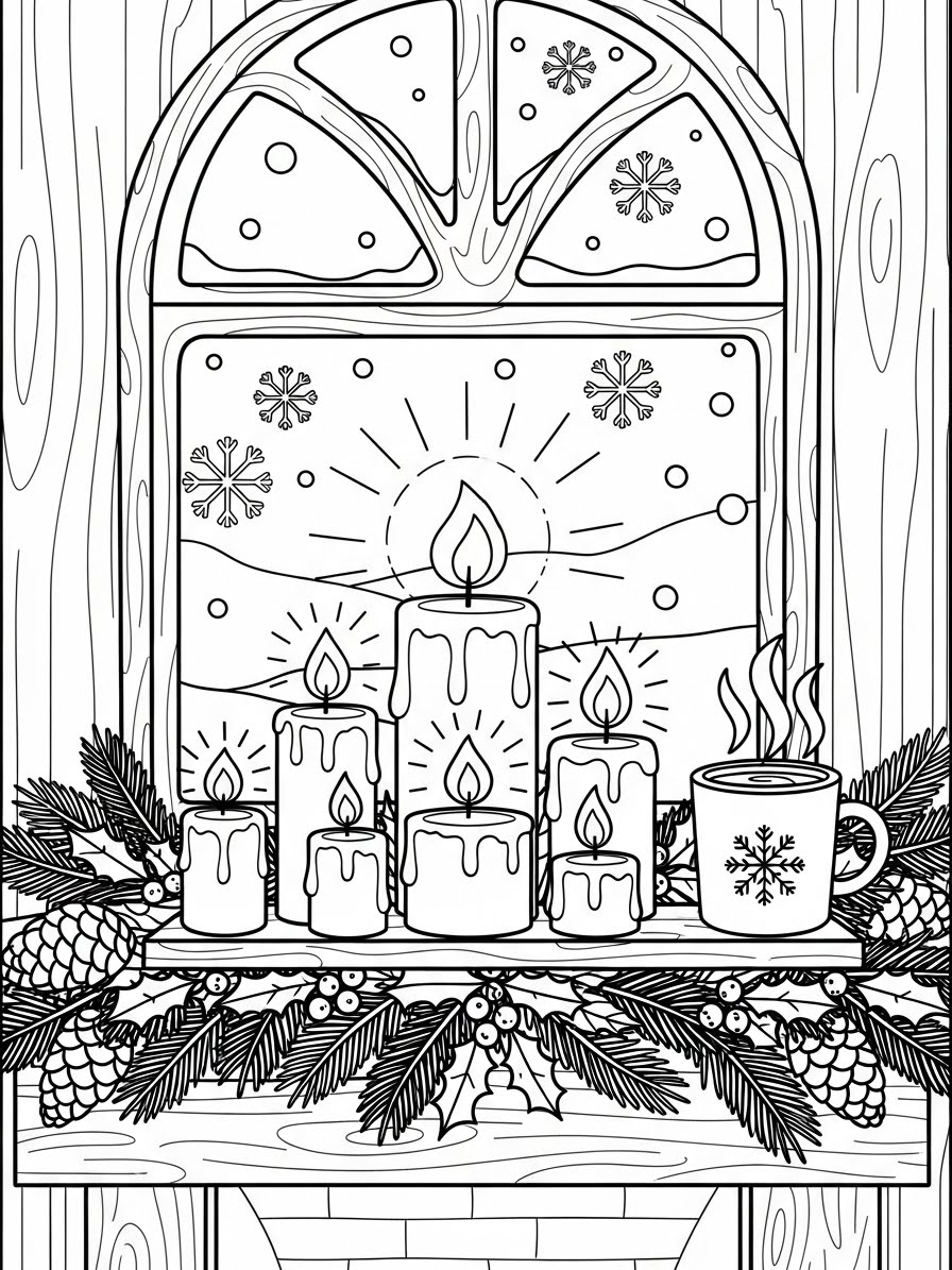 Desenho de Inverno com velas e caneca para colorir