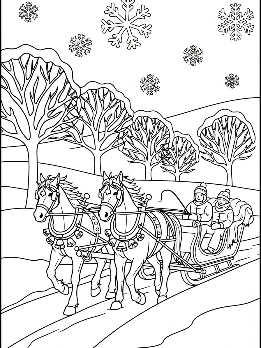 Desenho de Inverno com trenó e cavalos para colorir