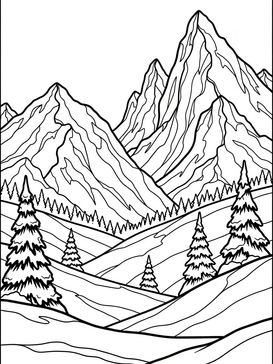 Desenho de Inverno com montanhas e árvores para colorir