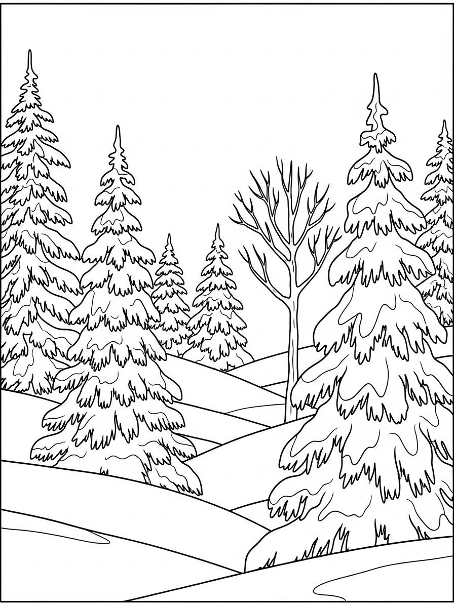 Desenho de Inverno com árvores em uma paisagem para colorir
