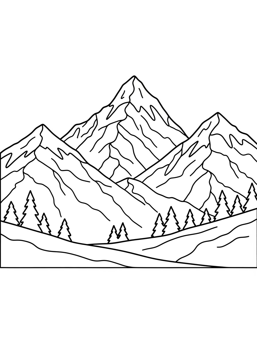 Desenho de Inverno com montanhas e árvores para colorir