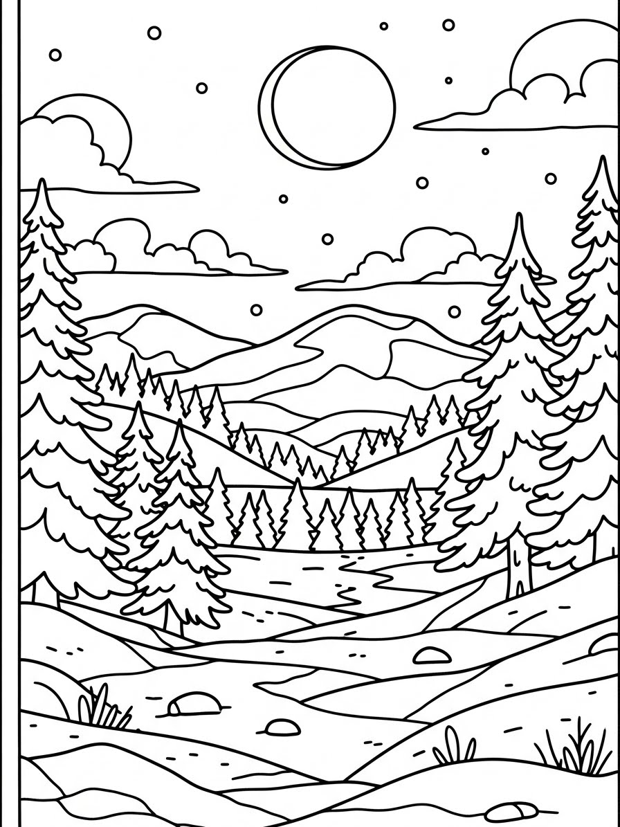Desenho de Inverno com paisagem de montanhas para colorir