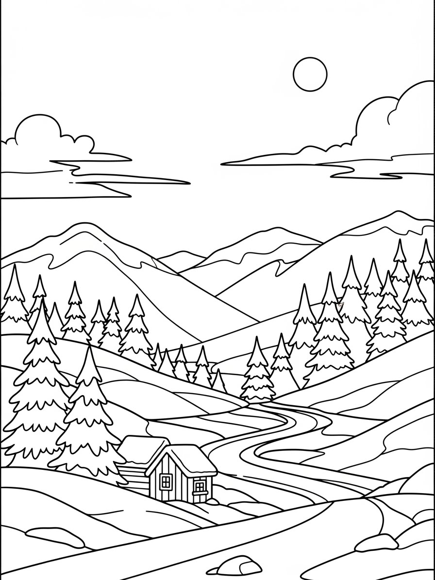 Desenho de Inverno com montanhas e cabana para colorir