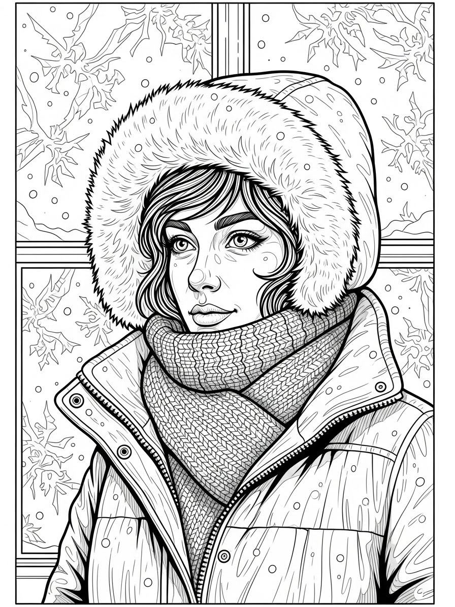 Desenho de Inverno com mulher vestindo casaco e cachecol