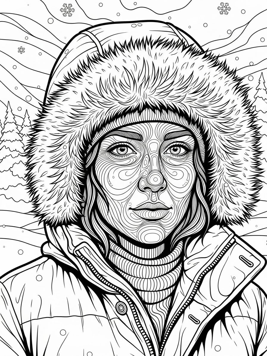 Desenho de Inverno com mulher de casaco para colorir