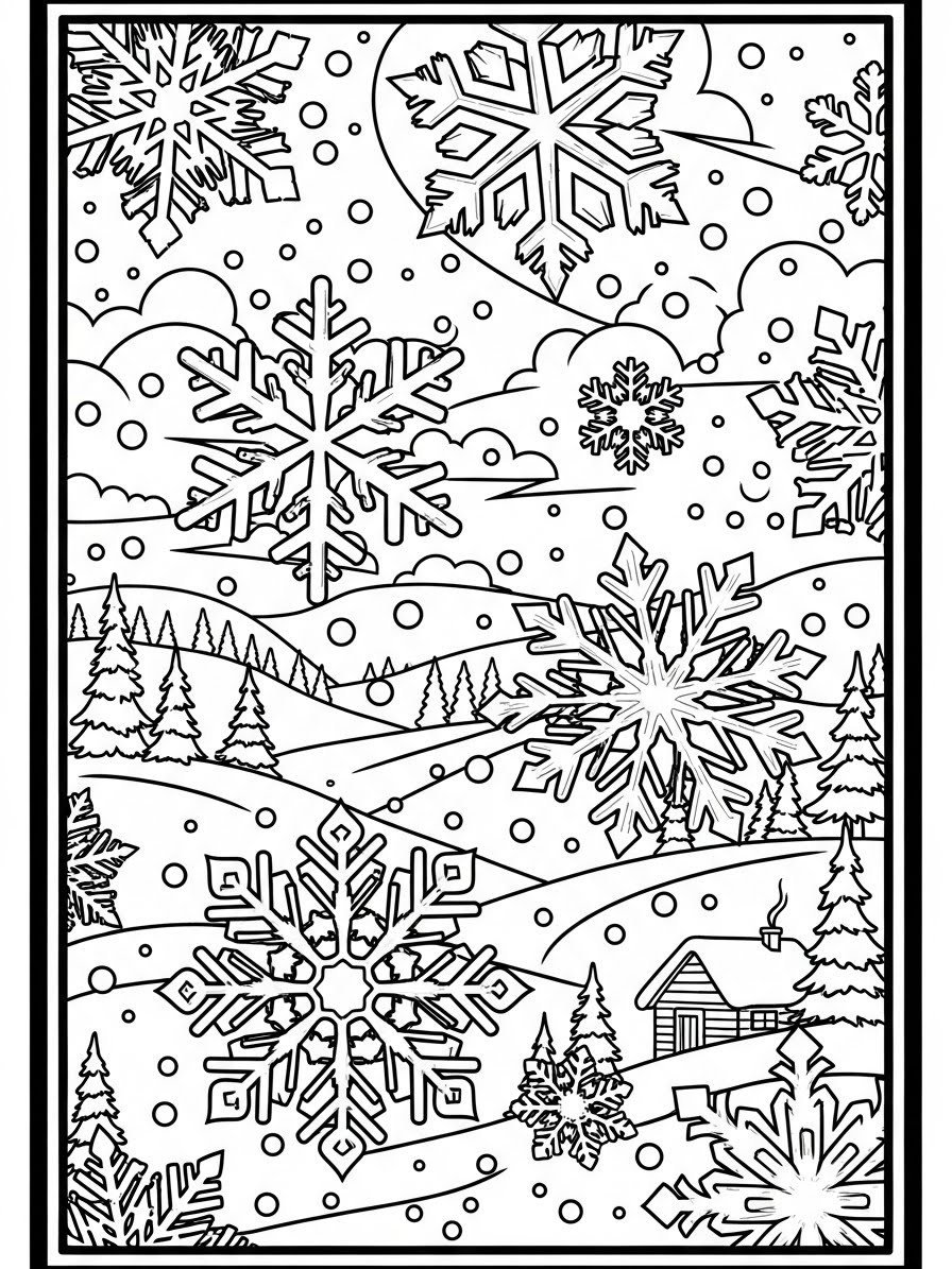 Desenho de Inverno com flocos de neve para colorir