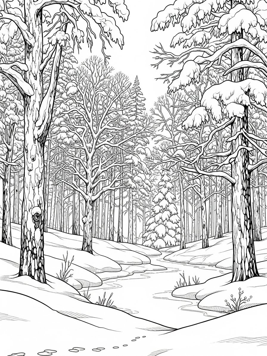 Desenho de Inverno com árvores e caminhos para colorir