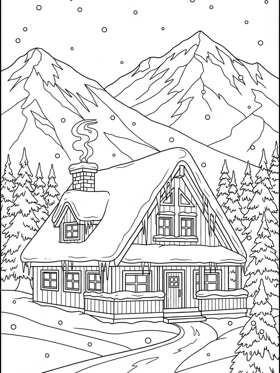 Desenho de Inverno com casa e montanhas para colorir