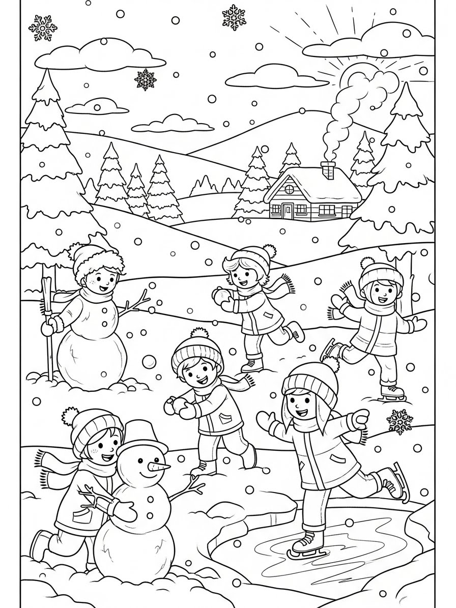Desenho de Inverno com crianças brincando na neve para colorir
