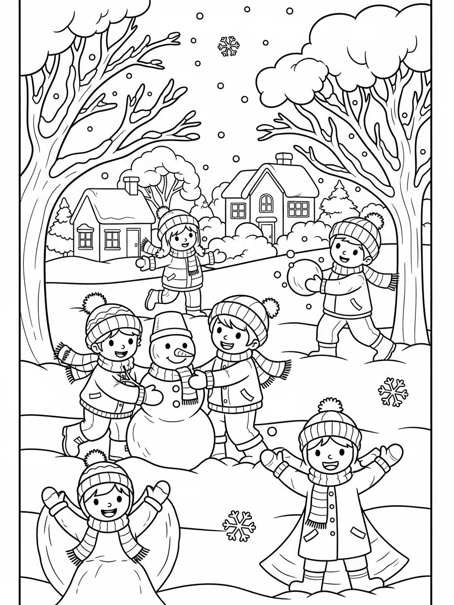 Desenho de Inverno com crianças brincando para colorir