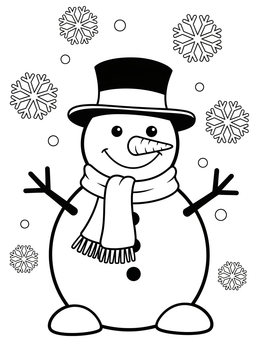 Desenho de Inverno com boneco de neve e flocos para colorir